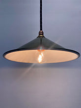 Load image into Gallery viewer, SOLD Vintage oxford green enamel coolie pendant lights