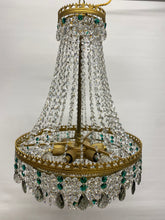 Load image into Gallery viewer, SOLD Vintage tent chandelier with an abundance of emerald green, smokey pear drops & clear octagon crystals