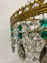 Load image into Gallery viewer, SOLD Vintage tent chandelier with an abundance of emerald green, smokey pear drops & clear octagon crystals