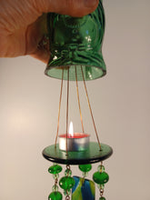 Load image into Gallery viewer, Lucky Buddha Tealight Windchime upcycled from recycled glass candle holder