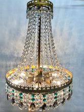 Load image into Gallery viewer, SOLD Vintage tent chandelier with an abundance of emerald green, smokey pear drops & clear octagon crystals