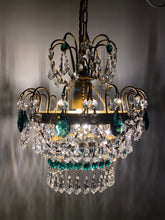 Load image into Gallery viewer, SOLD RETRO CHANDELIER WITH AN ABUNDANCE OF GREEN CRYSTALS.