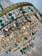 Load image into Gallery viewer, SOLD Vintage tent chandelier with an abundance of emerald green, smokey pear drops & clear octagon crystals