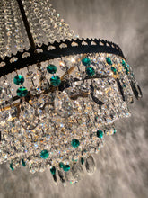 Load image into Gallery viewer, SOLD Vintage tent chandelier with an abundance of emerald green, smokey pear drops & clear octagon crystals