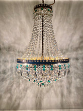 Load image into Gallery viewer, SOLD Vintage tent chandelier with an abundance of emerald green, smokey pear drops & clear octagon crystals