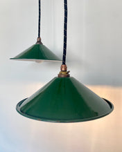 Load image into Gallery viewer, SOLD Vintage oxford green enamel coolie pendant lights