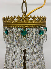 Load image into Gallery viewer, SOLD Vintage tent chandelier with an abundance of emerald green, smokey pear drops & clear octagon crystals
