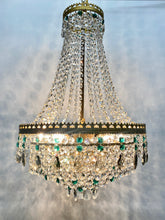 Load image into Gallery viewer, SOLD Vintage tent chandelier with an abundance of emerald green, smokey pear drops & clear octagon crystals