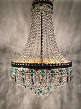 Load image into Gallery viewer, SOLD Vintage tent chandelier with an abundance of emerald green, smokey pear drops & clear octagon crystals