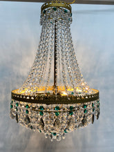 Load image into Gallery viewer, SOLD Vintage tent chandelier with an abundance of emerald green, smokey pear drops & clear octagon crystals