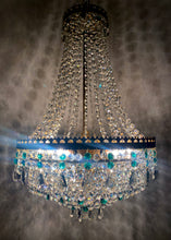 Load image into Gallery viewer, SOLD Vintage tent chandelier with an abundance of emerald green, smokey pear drops & clear octagon crystals