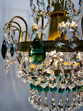 Load image into Gallery viewer, SOLD RETRO CHANDELIER WITH AN ABUNDANCE OF GREEN CRYSTALS.