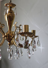 Load image into Gallery viewer, SOLD - Classy Gold Brass 5 arm Chandelier with Foliage Detail dressed with Clear Buttons & Pear Crystals