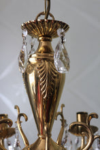 Load image into Gallery viewer, SOLD - Classy Gold Brass 5 arm Chandelier with Foliage Detail dressed with Clear Buttons & Pear Crystals