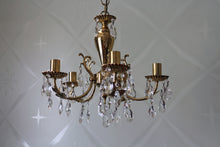 Load image into Gallery viewer, SOLD - Classy Gold Brass 5 arm Chandelier with Foliage Detail dressed with Clear Buttons & Pear Crystals