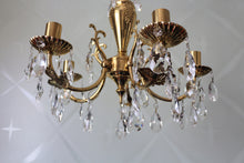Load image into Gallery viewer, SOLD - Classy Gold Brass 5 arm Chandelier with Foliage Detail dressed with Clear Buttons & Pear Crystals