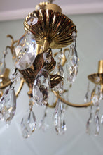 Load image into Gallery viewer, SOLD - Classy Gold Brass 5 arm Chandelier with Foliage Detail dressed with Clear Buttons & Pear Crystals