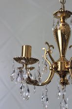 Load image into Gallery viewer, SOLD - Classy Gold Brass 5 arm Chandelier with Foliage Detail dressed with Clear Buttons & Pear Crystals