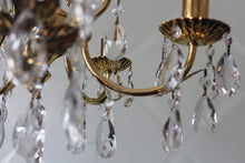 Load image into Gallery viewer, SOLD - Classy Gold Brass 5 arm Chandelier with Foliage Detail dressed with Clear Buttons & Pear Crystals