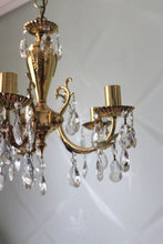Load image into Gallery viewer, SOLD - Classy Gold Brass 5 arm Chandelier with Foliage Detail dressed with Clear Buttons & Pear Crystals