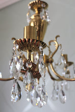 Load image into Gallery viewer, SOLD - Classy Gold Brass 5 arm Chandelier with Foliage Detail dressed with Clear Buttons & Pear Crystals