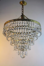 Load image into Gallery viewer, SOLD - Stunning Vintage 5 Tier Chandelier - A beautiful leaf patterned brass frame chandelier with an abundance of button & bomb vintage crystals.
