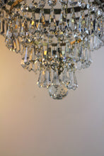 Load image into Gallery viewer, SOLD - Stunning Vintage 5 Tier Chandelier - A beautiful leaf patterned brass frame chandelier with an abundance of button & bomb vintage crystals.