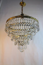 Load image into Gallery viewer, SOLD - Stunning Vintage 5 Tier Chandelier - A beautiful leaf patterned brass frame chandelier with an abundance of button & bomb vintage crystals.