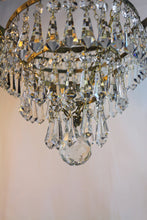 Load image into Gallery viewer, SOLD - Stunning Vintage 5 Tier Chandelier - A beautiful leaf patterned brass frame chandelier with an abundance of button & bomb vintage crystals.