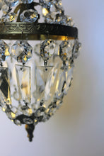 Load image into Gallery viewer, Empire Chandelier. Vintage crystal Light With Elegant Art Nouveau detailed brass frame. Complete with original ornate ceiling rose.