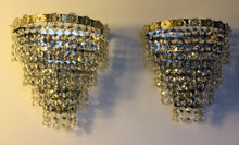 Load image into Gallery viewer, SOLD Vintage Brass Framed 4 Tiered crystal Waterfall Wall-lights, flower rosettes detail on the top rim & backed with a mirror.