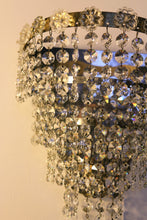 Load image into Gallery viewer, SOLD Vintage Brass Framed 4 Tiered crystal Waterfall Wall-lights, flower rosettes detail on the top rim & backed with a mirror.