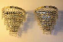 Load image into Gallery viewer, SOLD Vintage Brass Framed 4 Tiered crystal Waterfall Wall-lights, flower rosettes detail on the top rim & backed with a mirror.