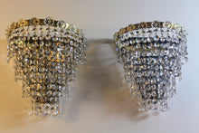 Load image into Gallery viewer, SOLD Vintage Brass Framed 4 Tiered crystal Waterfall Wall-lights, flower rosettes detail on the top rim & backed with a mirror.