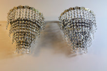 Load image into Gallery viewer, SOLD Vintage Brass Framed 4 Tiered crystal Waterfall Wall-lights, flower rosettes detail on the top rim & backed with a mirror.