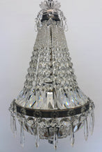 Load image into Gallery viewer, Antique Basket Chandelier - A beautifully patinaed metal framed chandelier with an abundance of crystals.