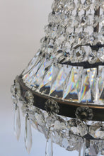 Load image into Gallery viewer, Antique Basket Chandelier - A beautifully patinaed metal framed chandelier with an abundance of crystals.