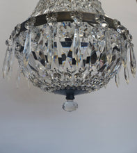 Load image into Gallery viewer, Antique Basket Chandelier - A beautifully patinaed metal framed chandelier with an abundance of crystals.