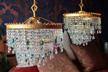 Load image into Gallery viewer, SOLD Opulent 3 Tier Gold Brass Crown Chandelier with Clear Crystal with Green Crystal Detail and Original Ceiling Rose