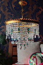 Load image into Gallery viewer, SOLD Opulent 3 Tier Gold Brass Crown Chandelier with Clear Crystal with Green Crystal Detail and Original Ceiling Rose