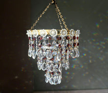 Load image into Gallery viewer, Sold out Vintage Three Tier Waterfall Chandelier with Wine/Purple Crystal detail.