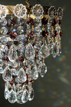 Load image into Gallery viewer, Sold out Vintage Three Tier Waterfall Chandelier with Wine/Purple Crystal detail.