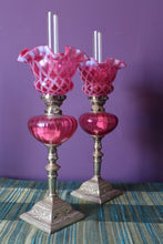 Load image into Gallery viewer, Pair of French Cranberry Guardard Oil Lamps