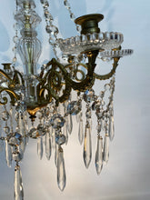 Load image into Gallery viewer, Antique / vintage Candelabra with 6 ornate Brass arms with an abundance of crystal swags &amp; prism drops.
