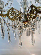Load image into Gallery viewer, Antique / vintage Candelabra with 6 ornate Brass arms with an abundance of crystal swags &amp; prism drops.

