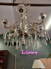 Load image into Gallery viewer, Antique / vintage Candelabra with 6 ornate Brass arms with an abundance of crystal swags &amp; prism drops.
