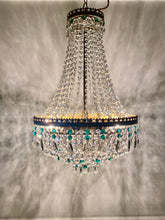 Load image into Gallery viewer, Vintage tent chandelier with an abundance of emerald green, smokey pear drops &amp; clear octagon crystals
