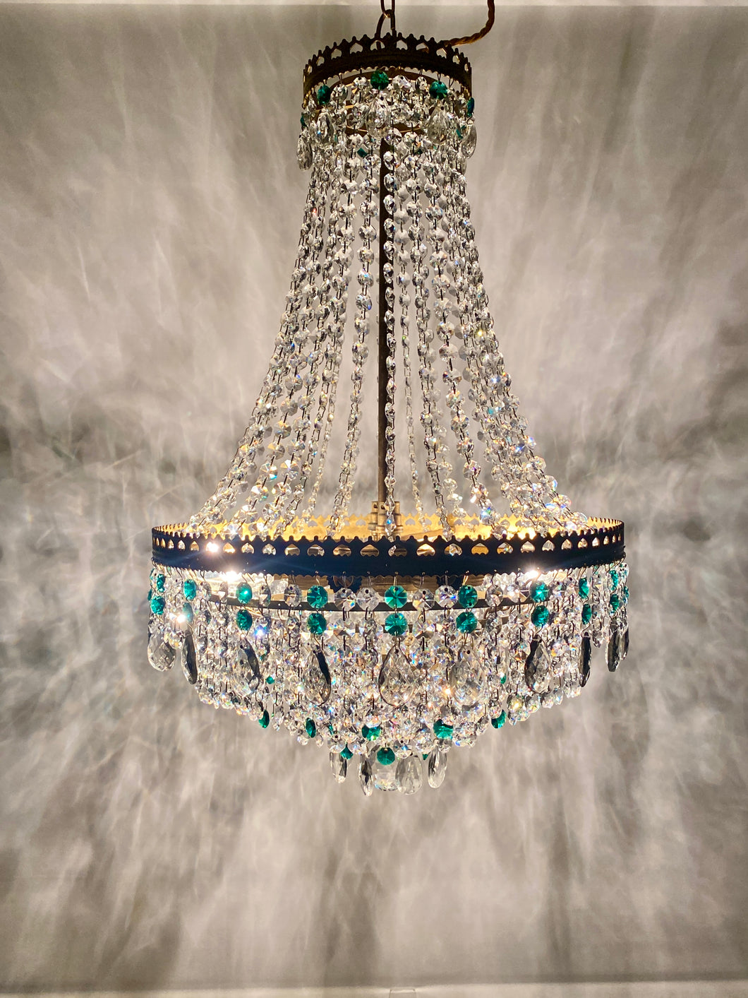 Vintage tent chandelier with an abundance of emerald green, smokey pear drops & clear octagon crystals