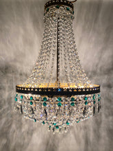 Load image into Gallery viewer, Vintage tent chandelier with an abundance of emerald green, smokey pear drops &amp; clear octagon crystals
