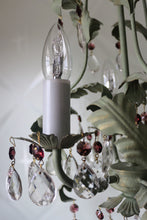 Load image into Gallery viewer, Sold Pretty olive green 3 arm chandelier with wine &amp; clear crystals &amp; soft gold gilding detailing.
